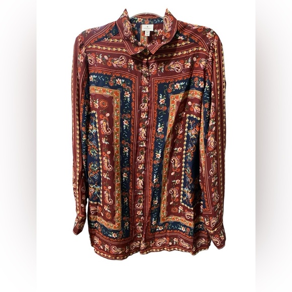 Dressbarn Paisley, floral button shirt, long sleeve 100% poly navy burgu… - Picture 1 of 11